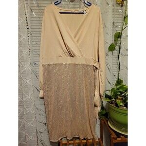 NWT 2XL Womens Beige Tan Sequin V-neck Party Cocktail Holiday Dress Wedding MIL